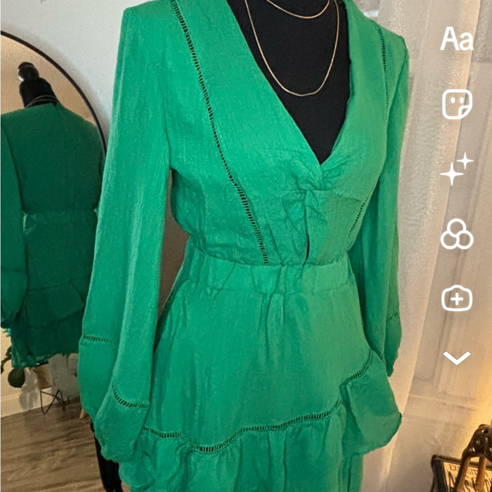 Emerald Green Ruffle Mini Dress - Picture 2 of 6